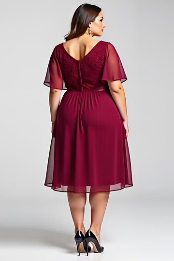 A Line Round Neck Lace Plus Size Midi Burgundy Formal Dress